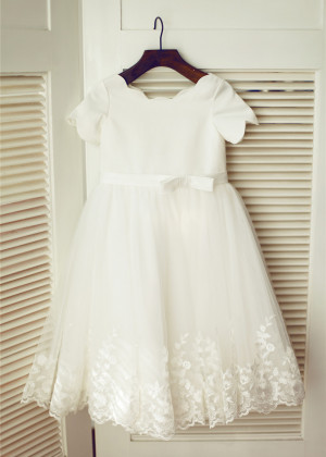 Ivory Satin Tulle Lace Scalloped Neckline Knee Length Flower Girl Dress